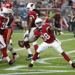 Arizona Cardinals running back Andre Ellington (38) celebrate his touchdown against the Kansas City Chiefs during the first half of an NFL preseason football game, Saturday, Aug. 15, 2015, in Glendale, Ariz. (AP Photo/Ross D. Franklin)