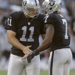 Oakland Raiders place kicker Sebastian Janikowski (11) celebrates with Marquette King after kicking a field goal during the first half of an NFL preseason football game against the Arizona Cardinals, Sunday, Aug. 30, 2015, in Oakland, Calif. (AP Photo/Ben Margot)