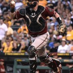 Arizona Diamondbacks catcher Jarrod Saltalamacchia starts a rundown during the second inning of a baseball game against the Pittsburgh Pirates, Wednesday, Aug. 19, 2015, in Pittsburgh. Pirates' Gregory Polanco was out on the play. (AP Photo/Fred Vuich)