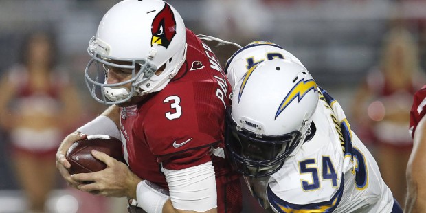 Arizona Cardinals quarterback Carson Palmer (3) is sacked by San Diego Chargers outside linebacker ...