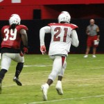Cornerback Patrick Peterson chases Robert Hughes in coverage at Arizona Cardinals Training Camp in Glendale Tuesday, August 11, 2015. (Photo: Vince Marotta/Arizona Sports)