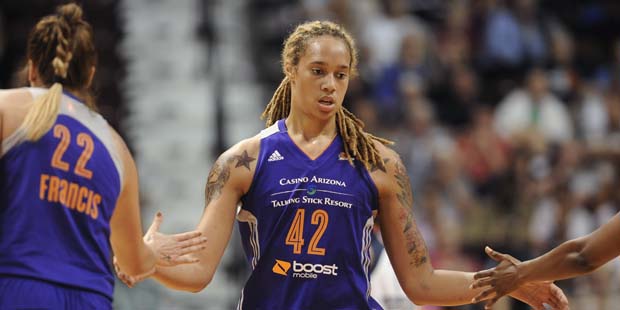 Phoenix Mercurys Brittney Griner during a WNBA basketball game against the Connecticut Sun, Thurs...
