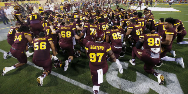 Arizona State football team gather together prior to an NCAA college football game against Southern...