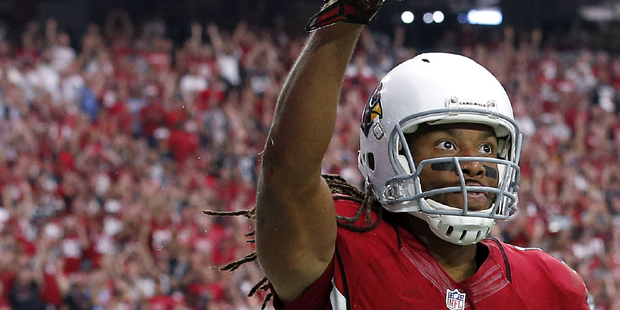 Arizona Cardinals wide receiver Larry Fitzgerald (11) celebrates his touchdown against the San Fran...