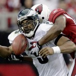 Philadelphia Eagles quarterback Donovan McNabb fumbles the ball as he is sacked by Arizona Cardinals safety Adrian Wilson during the second half of the NFL NFC championship football game Sunday, Jan. 18, 2009, in Glendale, Ariz. The Cardinals recovered the ball. (AP Photo/Ross D. Franklin)