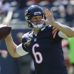 Chicago Bears quarterback Jay Cutler (6) warms up before an NFL football game against the Arizona Cardinals, Sunday, Sept. 20, 2015, in Chicago. (AP Photo/David Banks)