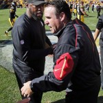 San Francisco 49ers head coach Jim Tomsula, right, shakes hands with Pittsburgh Steelers head coach Mike Tomlin after an NFL football game in Pittsburgh, Sunday, Sept. 20, 2015. The Steelers won 43-18. (AP Photo/Gene J. Puskar)