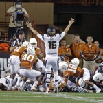 California quarterback Jared Goff celebrates a touchdown during the second half of an NCAA college football game against Texas, Saturday, Sept. 19, 2015, in Austin, Texas. California won 45-44. (AP Photo/Michael Thomas)