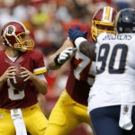 Washington Redskins quarterback Kirk Cousins (8) looks for an opening to pass during the first half of an NFL football game against the St. Louis Rams in Landover, Md., Sunday, Sept. 20, 2015. (AP Photo/Patrick Semansky)
