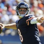 Chicago Bears quarterback Jimmy Clausen (8) throws a pass during the first half of an NFL football game against the Arizona Cardinals, Sunday, Sept. 20, 2015, in Chicago. (AP Photo/David Banks)