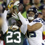 Green Bay Packers' Damarious Randall (23) breaks up a pass intended for Seattle Seahawks' Jermaine Kearse during the first half of an NFL football game, Sunday, Sept. 20, 2015 at Lambeau Field in Green Bay, Wis. (Wm. Glasheen/The Post-Crescent via AP) NO SALES