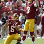 Washington Redskins kicker Dustin Hopkins, right, and holder Tress Way react to Hopkins' first field goal in regular season NFL football game play during the first half against the St. Louis Rams in Landover, Md., Sunday, Sept. 20, 2015. (AP Photo/Alex Brandon)