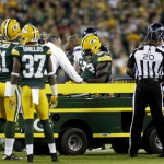 Green Bay Packers' Josh Boyd is carted off the field following an injury during the first half of an NFL football game against the Seattle Seahawks, Sunday, Sept. 20, 2015 at Lambeau Field in Green Bay, Wis. (Wm. Glasheen/The Post-Crescent via AP) NO SALES