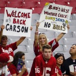 Arizona Cardinals fans watch warm up's prior to an NFL football game against the New Orleans Saints, Sunday, Sept. 13, 2015, in Glendale, Ariz. (AP Photo/Matt York)