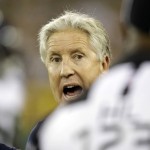 Seattle Seahawks head coach Pete Carroll argues a call during the first half of an NFL football game against the Green Bay Packers Sunday, Sept. 20, 2015, in Green Bay, Wis. (AP Photo/Jeffrey Phelps)