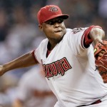Arizona Diamondbacks starting pitcher Rubby De La Rosa works against a San Diego Padres batter during the first inning of a baseball game Friday, Sept. 25, 2015, in San Diego. (AP Photo/Gregory Bull)