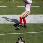 San Francisco 49ers wide receiver Anquan Boldin (81) drags his toes as he makes a catch past Pittsburgh Steelers defensive back Brandon Boykin (25) for a touchdown in the fourth quarter of an NFL football game, Sunday, Sept. 20, 2015 in Pittsburgh. The Steelers won 43-18. (AP Photo/Gene J. Puskar)