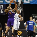 Minnesota Lynx center Sylvia Fowles (34) blocks the shot of Phoenix Mercury center Brittney Griner (42) during the first half of Game 1 of the WNBA basketball Western Conference finals, Thursday, Sept. 24, 2015, in Minneapolis. (AP Photo/Stacy Bengs)