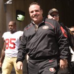 San Francisco 49ers head coach Jim Tomsula takes the field before an NFL football game against the Pittsburgh Steelers, Sunday, Sept. 20, 2015, in Pittsburgh. (AP Photo/Keith Srakocic)