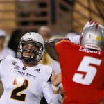 Arizona State quarterback Mike Bercovici (2) throws under pressure from New Mexico safety Lee Crosby (5) during the first half of an NCAA college football game, Friday, Sept. 18, 2015, in Tempe, Ariz. (AP Photo/Matt York)