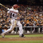 Arizona Diamondbacks' Paul Goldschmidt drives in a run with a double against the San Francisco Giants during the sixth inning of a baseball game on Friday, Sept. 18, 2015, in San Francisco. (AP Photo/Marcio Jose Sanchez)