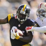 Pittsburgh Steelers wide receiver Antonio Brown (84) twists away from San Francisco 49ers cornerback Tramaine Brock (26) to go for a big gain after making a catch in the second quarter of an NFL football game, Sunday, Sept. 20, 2015, in Pittsburgh. (AP Photo/Don Wright)