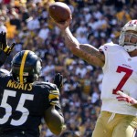 San Francisco 49ers quarterback Colin Kaepernick (7) gets off a pass as Pittsburgh Steelers outside linebacker Arthur Moats (55) pressures in the third quarter of an NFL football game, Sunday, Sept. 20, 2015, in Pittsburgh. (AP Photo/Don Wright)