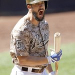 San Diego Padres' James Shields reacts after striking out with the bases loaded against the Arizona Diamondbacks during the second inning of a baseball game in San Diego, Sunday, Sept. 27, 2015. (AP Photo/Alex Gallardo)