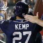 San Diego Padres' Matt Kemp gets high-fives from teammates in the dugout after his three-run home run against the Arizona Diamondbacks during the fifth inning of a baseball game Wednesday, Sept. 16, 2015, in Phoenix. (AP Photo/Ross D. Franklin)