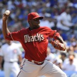 Arizona Diamondbacks starting pitcher Rubby De La Rosa delivers in the first inning of a baseball game against the Chicago Cubs, Sunday, Sept. 6, 2015, in Chicago. (AP Photo/Matt Marton)