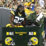 Green Bay Packers' Eddie Lacy leaves the game on a cart during the first half of an NFL football game against the Seattle Seahawks Sunday, Sept. 20, 2015, in Green Bay, Wis. (AP Photo/Jeffrey Phelps)