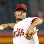Arizona Diamondbacks pitcher Jhoulys Chacin throws in the first inning during a baseball game against the San Diego Padres, Tuesday, Sept. 15, 2015, in Phoenix. (AP Photo/Rick Scuteri)