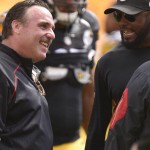 
              San Francisco 49ers head coach Jim Tomsula, left, talks with Pittsburgh Steelers head coach Mike Tomlin, right, on the field before an NFL football game Sunday, Sept. 20, 2015, in Pittsburgh. (AP Photo/Keith Srakocic)
            