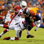 Denver Broncos quarterback Brock Osweiler (17) is hit by Arizona Cardinals defensive back C.J. Roberts (36) during the first half of an NFL preseason football game, Thursday, Sept. 3, 2015, in Denver. (AP Photo/Jack Dempsey)