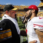 Pittsburgh Steelers quarterback Ben Roethlisberger (7) talks with San Francisco 49ers quarterback Colin Kaepernick, right, on the field at Heinz Field after an NFL football game in Pittsburgh, Sunday, Sept. 20, 2015. The Steelers won 43-18. (AP Photo/Gene J. Puskar)