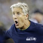 Seattle Seahawks head coach Pete Carroll argues a call during the first half of an NFL football game against the Green Bay Packers Sunday, Sept. 20, 2015, in Green Bay, Wis. (AP Photo/Jeffrey Phelps)