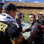 San Francisco 49ers head coach Jim Tomsula, front right, shakes hands with Pittsburgh Steelers head coach Mike Tomlin, center, and quarterback Ben Roethlisberger (7) after an NFL football game in Pittsburgh, Sunday, Sept. 20, 2015. The Steelers won 43-18. (AP Photo/Gene J. Puskar)