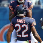 Chicago Bears wide receiver Josh Bellamy celebrates with running back Matt Forte after his touchdown against the Arizona Cardinals during the first quarter of an NFL football game, Sunday, Sept. 20, 2015 in Chicago. (Steve Lundy/Daily Herald via AP) MANDATORY CREDIT; MAGS OUT