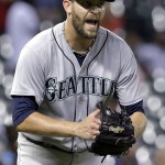 Seattle Mariners closer Tom Wilhelmsen yells after the last out in the Mariners' 7-5 win over the Houston Astros in a baseball game Tuesday, Sept. 1, 2015, in Houston. (AP Photo/Pat Sullivan)