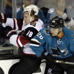 Arizona Coyotes' Christian Dvorak (18) crashes against the boards against San Jose Sharks' Timo Meier (28) during the first period of an NHL preseason hockey game Friday, Sept. 25, 2015, in San Jose, Calif. (AP Photo/Marcio Jose Sanchez)