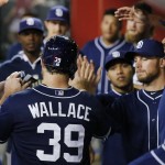 San Diego Padres' Brett Wallace (39) celebrates his run scored against the Arizona Diamondbacks with teammates in the dugout during the fourth inning of a baseball game Wednesday, Sept. 16, 2015, in Phoenix. (AP Photo/Ross D. Franklin)