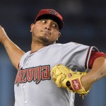 Arizona Diamondbacks relief pitcher Jhoulys Chacin throws to the plate during the first inning of a baseball game against the Los Angeles Dodgers, Monday, Sept. 21, 2015, in Los Angeles. (AP Photo/Mark J. Terrill)