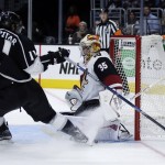 Arizona Coyotes goalie Louis Domingue, right, blocks a shot by Los Angeles Kings center Anze Kopitar during the second period of an NHL preseason hockey game in Los Angeles, Tuesday, Sept. 22, 2015. (AP Photo/Chris Carlson)