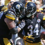 Pittsburgh Steelers running back DeAngelo Williams (34) is greeted by center Cody Wallace (72) after scoring a touchdown in the second quarter of an NFL football game against the San Francisco 49ers, Sunday, Sept. 20, 2015, in Pittsburgh. (AP Photo/Gene J. Puskar)