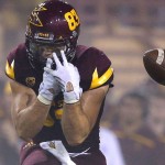 Arizona State's Kody Kohl drops a pass during the first half of an NCAA college football game against Southern California on Saturday, Sept. 26, 2015, in Tempe, Ariz. (AP Photo/Ross D. Franklin)