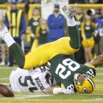 Seattle Seahawks' Bobby Wagner breaks up a pass intended for Green Bay Packers' Richard Rodgers in the end zone during the first half of an NFL football game Sunday, Sept. 20, 2015, in Green Bay, Wis. (AP Photo/Jeffrey Phelps)