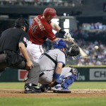 Arizona Diamondbacks' Paul Goldschmidt (44) fouls off a pitch by the Los Angeles Dodgers' Zach Greinke during the first inning of a baseball game, Sunday, Sept. 13, 2015, in Phoenix. (AP Photo/Ralph Freso)