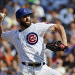 Chicago Cubs starting pitcher Jake Arrieta delivers during the eighth inning of a baseball game against the Arizona Diamondbacks Saturday, Sept. 5, 2015, in Chicago. The Cubs won 2-0. (AP Photo/Charles Rex Arbogast)