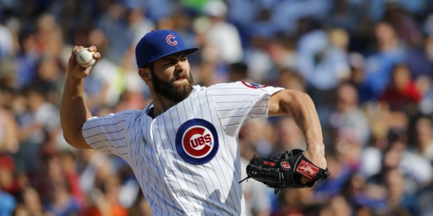 Chicago Cubs starting pitcher Jake Arrieta delivers during the eighth inning of a baseball game aga...