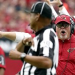 Arizona Cardinals head coach Bruce Arians yells to the official during the first half of an NFL football game against the New Orleans Saints, Sunday, Sept. 13, 2015, in Glendale, Ariz. (AP Photo/Rick Scuteri)